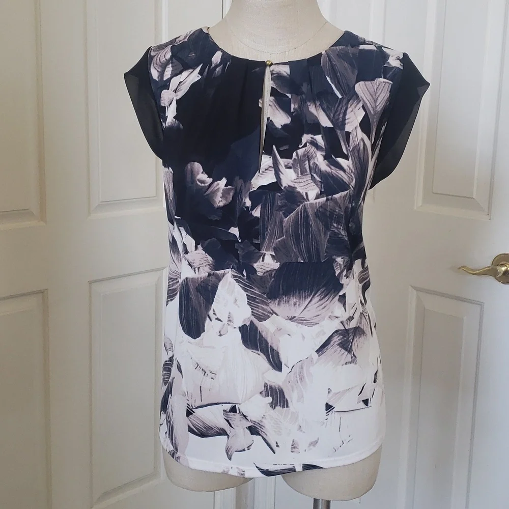ROBERT RODRIGUEZ Abstract Watercolor Silky Blouse | Sheer Cap Sleeves | MEDIUM - Picture 3 of 15